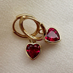 Valentine’s Day Gift 14K Yellow Gold Lab-Grown Ruby Lovely Heart Dangle Earrings