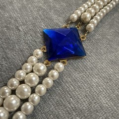 VTG 3 Strand Golden Faux Pearls Art Deco Style Blue Rhinestone Classic Elegant