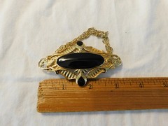 Rare Trifari Large Bar Pin Brooch Victorian Style Goth Black Enamel Gold chains