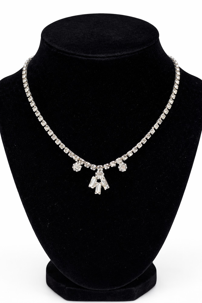 Antique Art Deco Silver Tone Rhinestone Emerald Cut Pendant Drop Necklace
