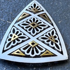 Vintage Huge Signed Crown Trifari Gold White Enamel Geometric Shield Pin Brooch