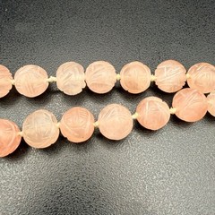 Chinese Export Blush Pink Carved Rose Quartz Necklace Floral Pendant 17 Inches