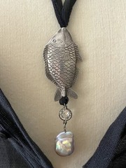 Vintage Fine Sterling Puff Fish Pendant Baroque Pearl Silk Sea Goth Necklace