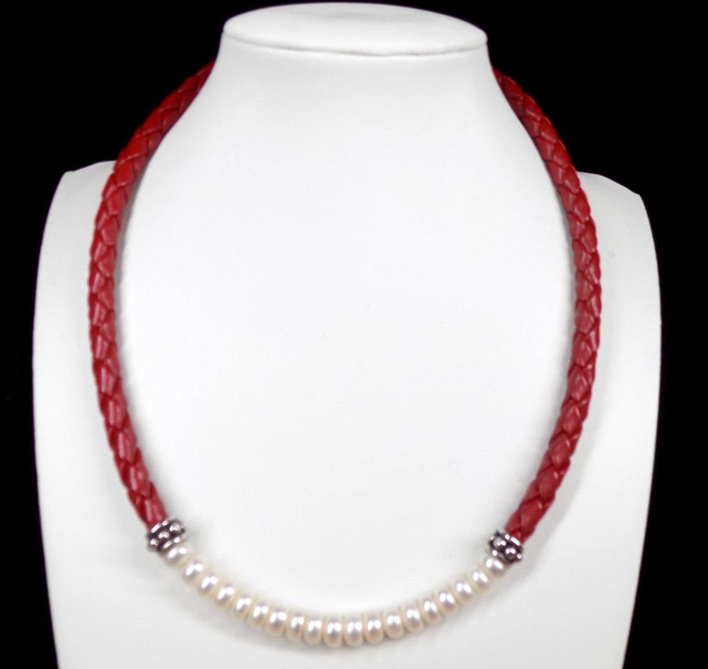Vintage Honora Pearl Collar Necklace Red Braided Leather 925 Sterling Silver