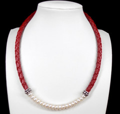 Vintage Honora Pearl Collar Necklace Red Braided Leather 925 Sterling Silver