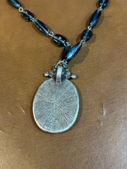 Vintage Blue Glass Beaded Necklace with Opalescent Cameo Style Pendant 15 inches