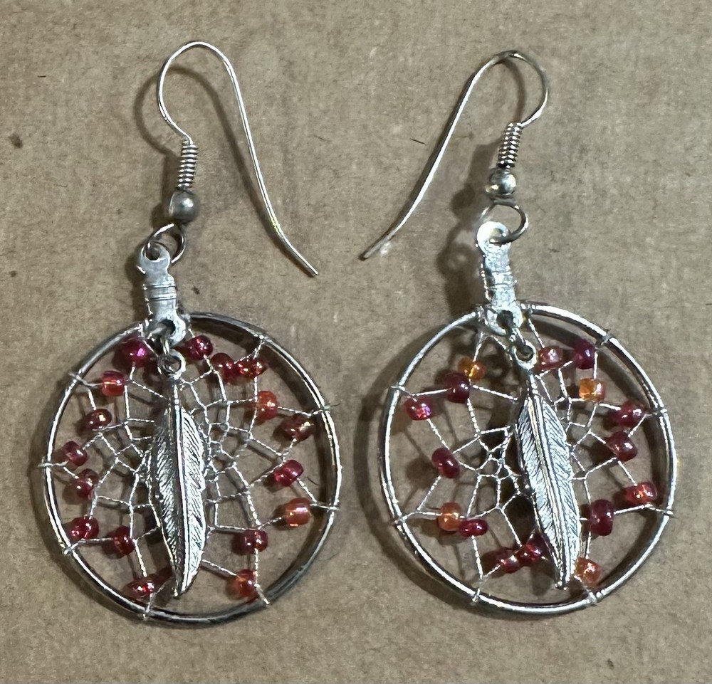 Vtg Costume Silver Tone Dream Catcher Feather Western Dangle Earrings Red Beads