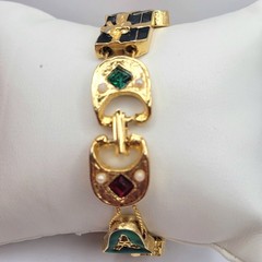 Vintage Christmas Slide Charm Bracelet Gold Tone Rhinestones Enamel Tree Gift 7″