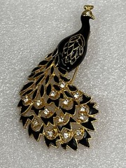 Peacock Brooch Pin Black Enamel & Gold Tone Rhinestones Elegant