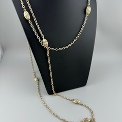 Vintage Flapper Chain Necklace Gold Tone Textured Cable Link Oval Station Bead