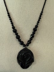 Black Onyx Necklace With Carved Rose Pendant And Graduated Faceted Beads 17.5”