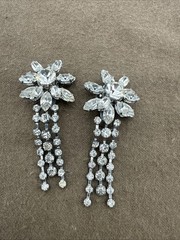 Vintage Clear Layered Rhinestone Dangle Drop Clip on Earrings Flowers