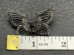 VTG Sterling Silver “IL” Maker Butterfly Brooch Marcasite Black Onyx Deco Style