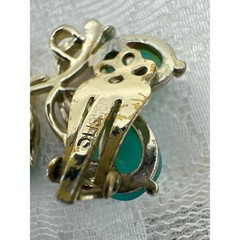 Vintage Green Teal Lisner Moonglow Thermoset Lucite Cabochon Leaf Clip Earrings