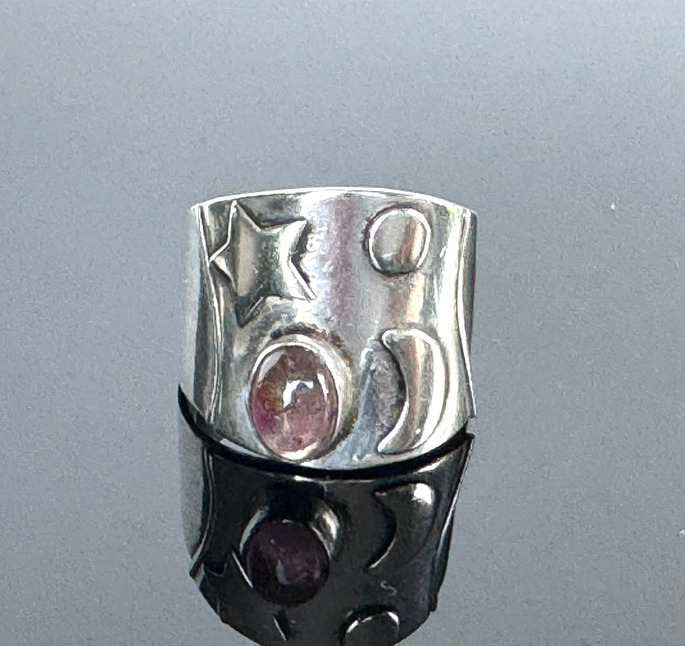 Vintage 925 Sterling Silver Wide Band Ring Pink Cabochon Star Sz 5.5