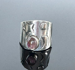 Vintage 925 Sterling Silver Wide Band Ring Pink Cabochon Star Sz 5.5