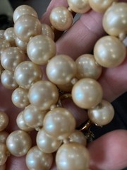 LES BERNARD Vintage Triple 3 Strand Knotted Golden Faux Pearl Necklace 16”