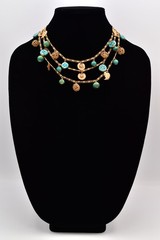 Vintage Beaded Multi-Strand Leaf Charm Necklace Collar Gold Turquoise 70s BinBN