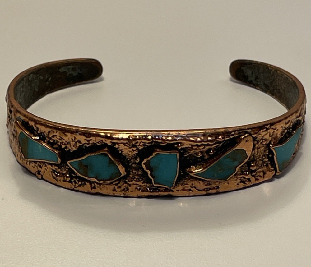 Vtg Bell Trading Post Solid Copper & Turquoise Corinthian Cuff Bracelet Made USA