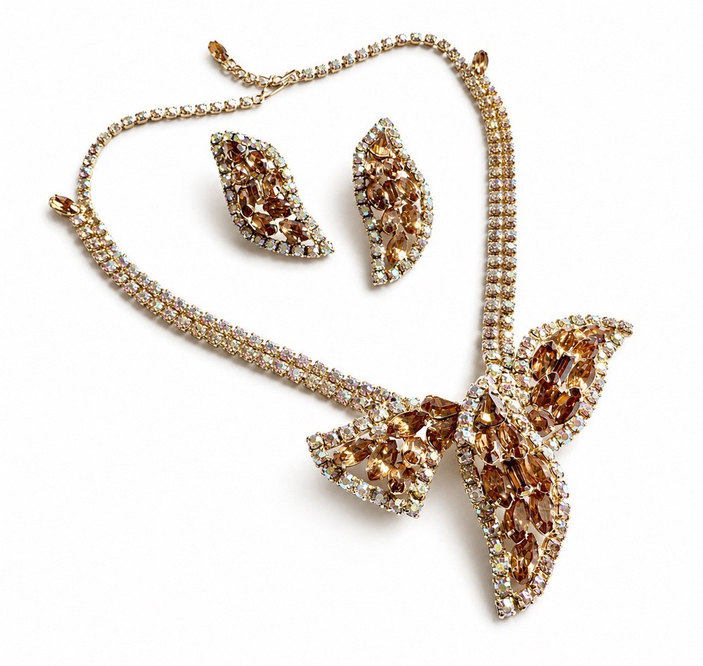 1950s-1960s Vintage Topaz & Aurora Borealis Rhinestone Necklace Earrings Set