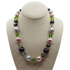 Colorful Glass & Faux Pearl Style Multi Color Shape Bead Vintage Necklace 21 In