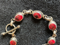 Vintage Sterling Silver Red Jasper Marble Link Bracelet Toggle Clasp 7 1/4″