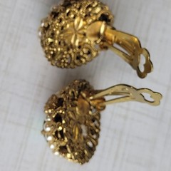 West German Filigree Blue AB Rhinestone Faux Pearl Clip On Earrings READ