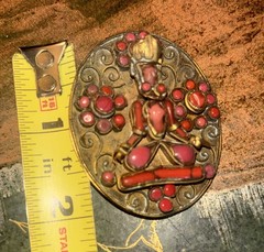 Vintage Nepal/Tibetan Brass Metal Coral Stones Buddha Pin Brooch