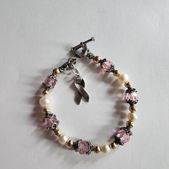 Vtg Sterling Silver And 14kt Beads Breast Cancer Bracelet