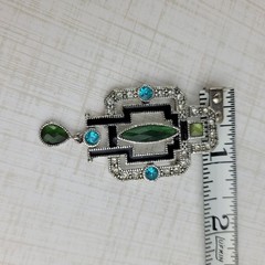 Silver Tone Multicolor Blue Green Rhinestone Brooch Art Deco Reproduction Design