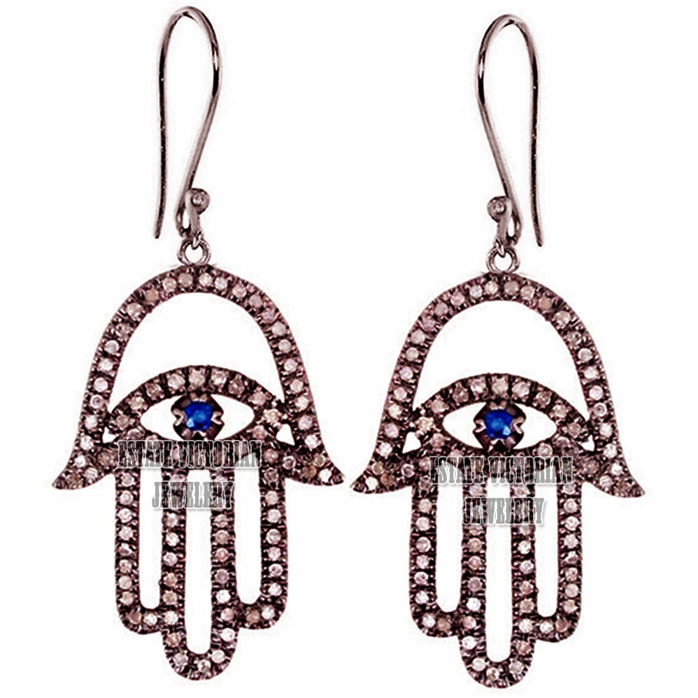 Stunning 2.59ctw Rose Cut Diamond Sapphire Silver Vintage Hamsa Earring Jewelry
