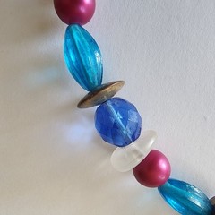 Vintage Sun Pendant Beaded Necklace Multi Color & Blue Beads Gold Tone See Pic *