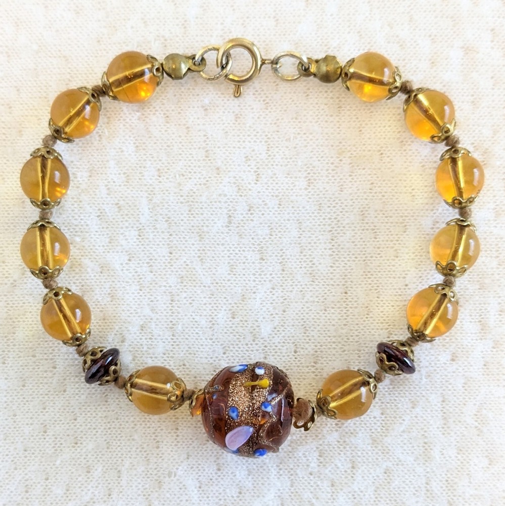Vintage Brown Yellow Italian Wedding Cake Lampwork Knotted Glass Beaded Bracelet