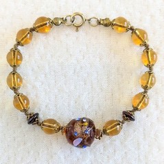 Vintage Brown Yellow Italian Wedding Cake Lampwork Knotted Glass Beaded Bracelet