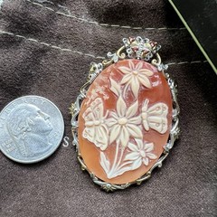 Vintage Cameo Brooch Pin Pendant Butterfly Floral 18K Gold Over Sterling Silver