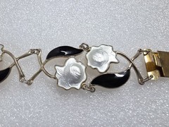 Arne Nordlie Norway Guilloche Enamel Sterling Leaf & Flower Bracelet Black White