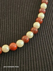 Vintage Pearl & Red Ocean Jasper Beaded Necklace 24 Inches Gold Clasp