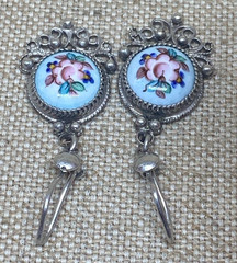Vintage Earrings Rostov Finift Russian Enamel Painted Floral Dangle Silver Tone