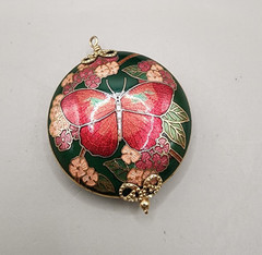 Vintage Cloisonne Enamel Butterfly Pendant Round Solid Charm Floral Green 14g