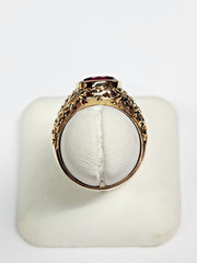 Beautiful 13.9-14k Gold Filigree Style Pierced 4.00ct. Lab Ruby Ring Sz 9.5