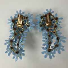 MCM Plastic Earrings Climbers Half Moon Clip On Blue Floral Rhinestone 3” Vtg