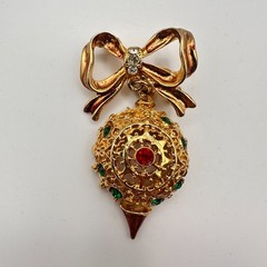 Vintage 90s Gold Tone Rhinestone Bow Ornament Brooch Pin Women’s Classic Jewelry