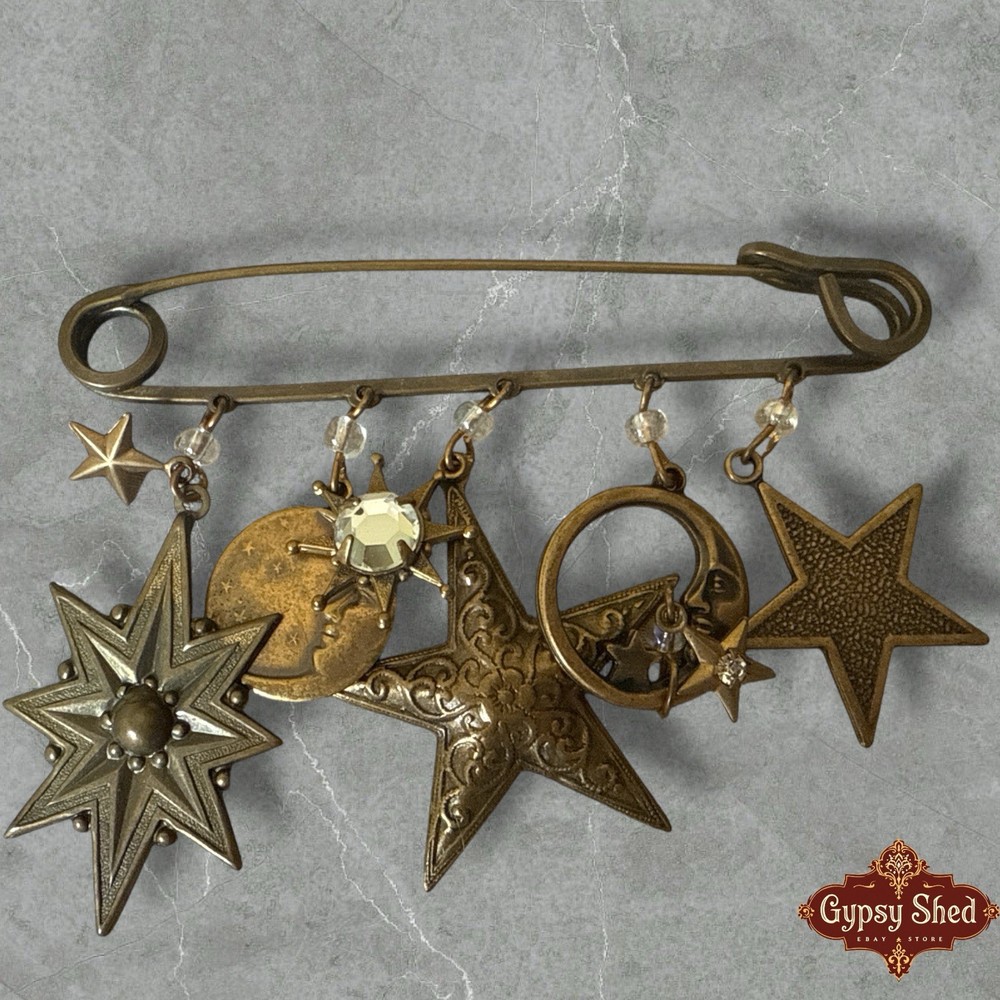 Vtg Celestial Dangle Charms Sun Moon Stars Crystal Glass Safety Pin Brooch Pin