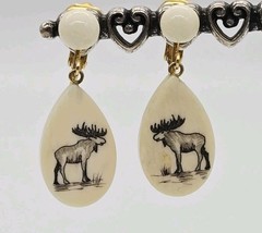 Moose Faux Scrimshaw Earrings Cream Drop Dangle Clip on Gold Tone 1.5 in