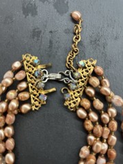 “Vintage Necklace Faux Pearl Glass Beads Aurora Borealis Crystals Filigree Clasp