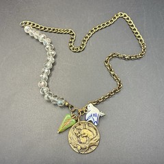 Vintage Brassy Bronzy Necklace & Charms of Mixed Metals: Heart, Bird, Squirrel