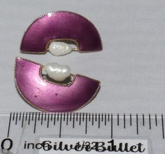 Vintage Sterling Silver Gold Wash Guilloche? Purple Enamel Pearl Post Earrings