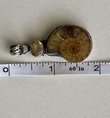 Ammonite Fossil Gemstone Bezel Set 1.75” Pendant 925 Sterling Silver 9.45g Vtg.