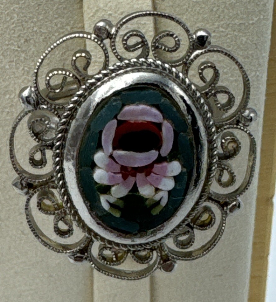 Vintage Micro Mosaic Italian Ring Green Floral Design Adjustable, Scroll Work