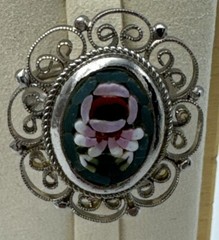 Vintage Micro Mosaic Italian Ring Green Floral Design Adjustable, Scroll Work